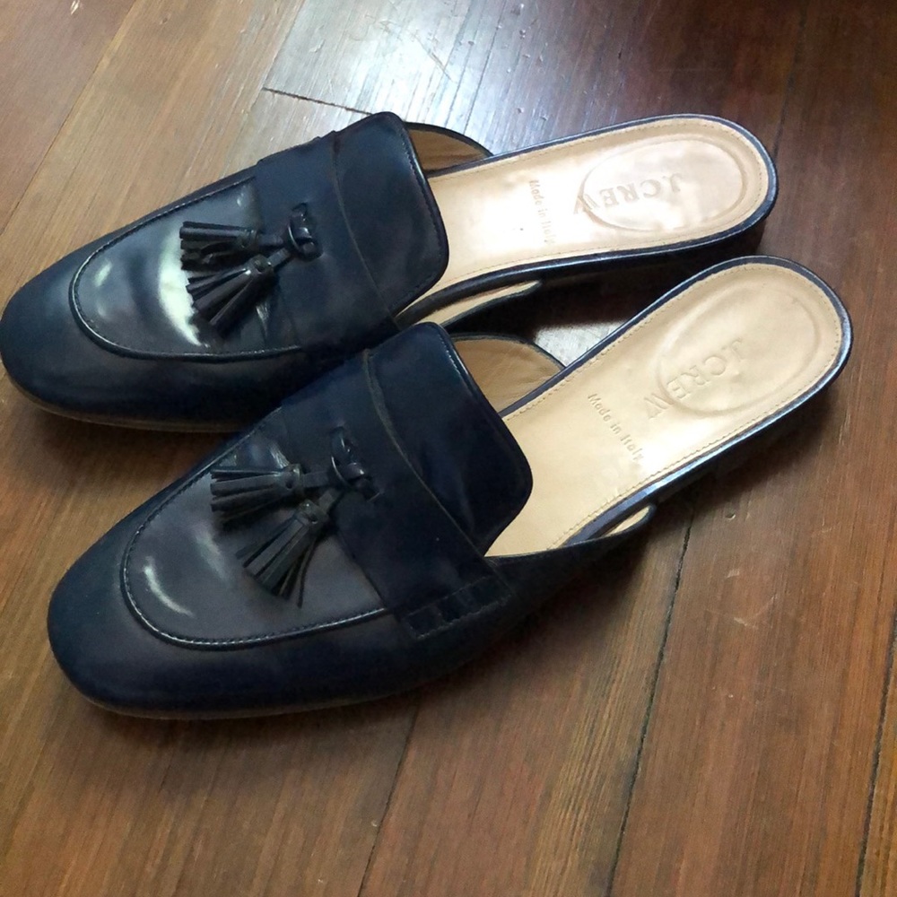 J, Crew Italian Leather Navy Mules, Size 7.5